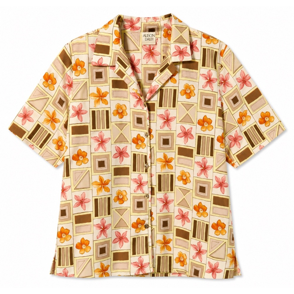 Vintage Women's Crinkle Button Front Shirt Blue Floral Patchwork Cottagecore 12